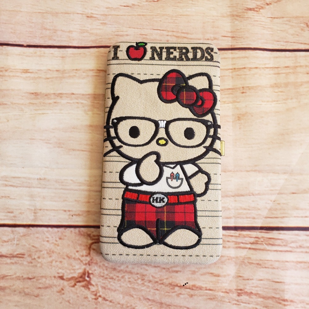 Sanrio Hello Kitty Nerd Hardshell Wallet Clutch Women Beige Plaid Kawaii Ladies